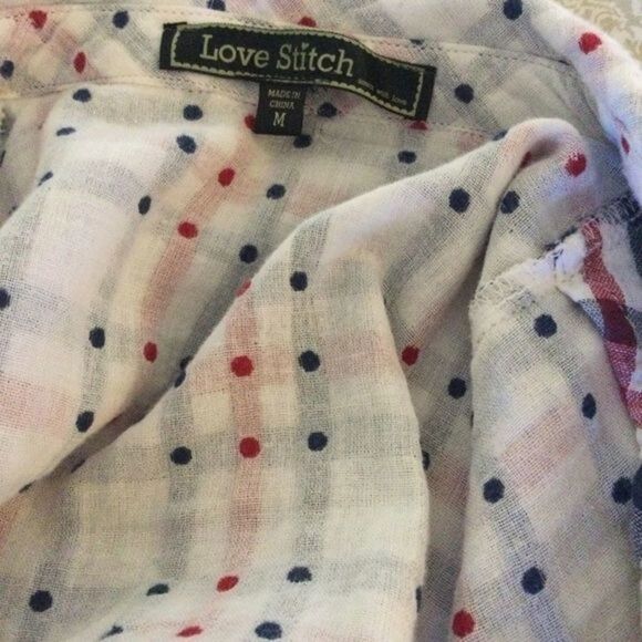 Love Stitch Red White & Blue Plaid Cotton Wrap Front Cotton Shirt Med - Picture 9 of 12